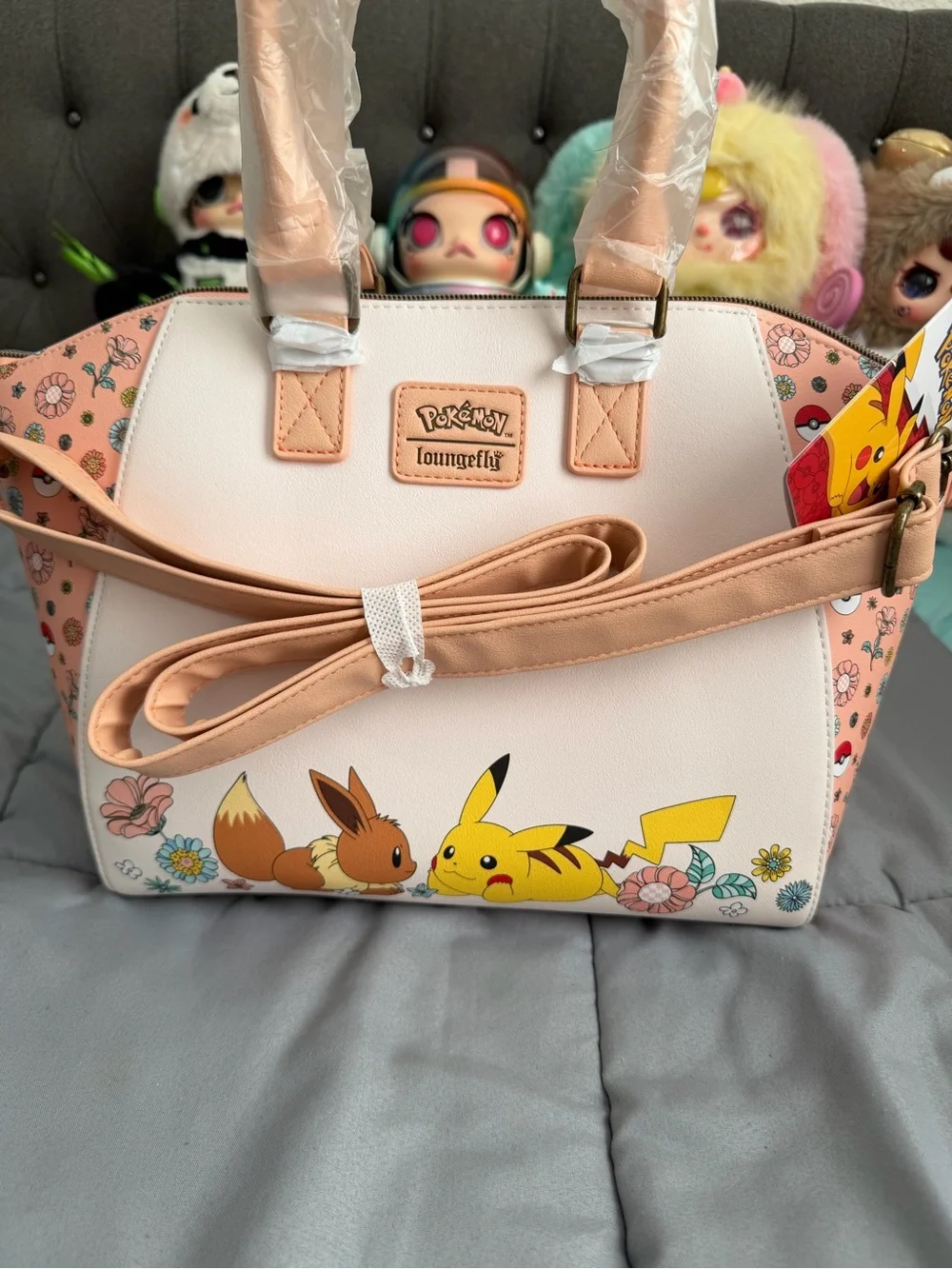 Loungefly Pikachu & Eevee Floral Pink Satchel Handbag w/ detachable strap.